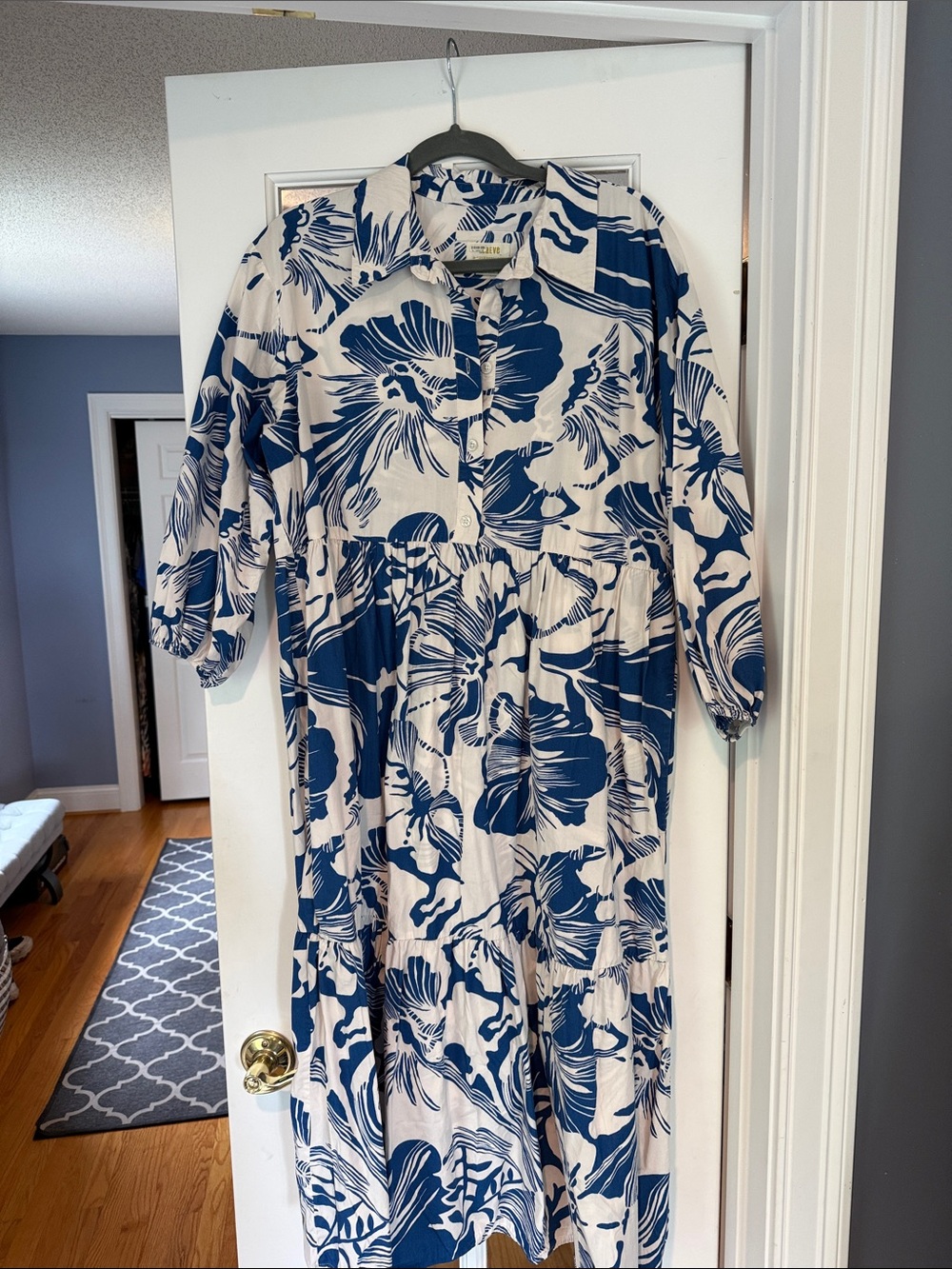 Maeve Bettina Tiered Shirtdress White and Blue Abstract-Print Button Shirt